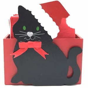 Vintage Christmas Black Cat Napkin Holder by Vera Wooden with 8 cloth napkins - Picture 1 of 13