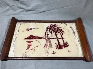 Vintage Hula Girl Serving Tray Glass Wood Frame - Picture 1 of 6