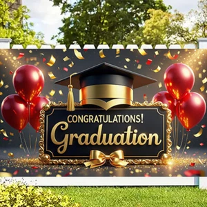 Abschlussfeier Hintergrund mit Rot Luftballons und Mortarboards Foto Requisiten - Bild 1 von 16