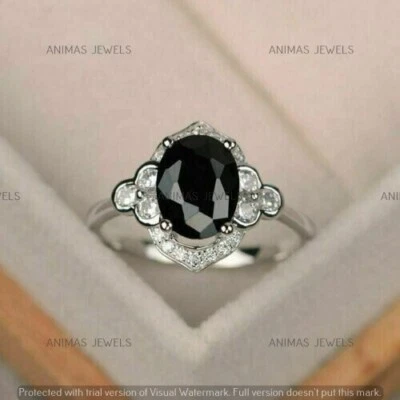 3 Ct Oval Cut Lab-Created Black Spinel Halo Engagement Ring 925 Sterling Silver - Image 1 of 4