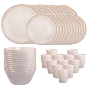 LIYH 48pcs Wheat Straw Dinnerware Set, Plastic Plates and Bowls Set,Unbreakab...