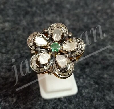 Rose Schnitt Polki Pflastern Diamant 925 Sterlingsilber Ring Handarbeit Damen - Bild 1 von 3