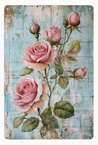 METAL ART-Pink Roses with Green Leaves on Vintage Background, Ideal for Home - Picture 1 of 3