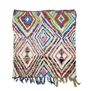 Moroccan Handmade Vintage Boucherouite Rug 3'5''x4'1'' Geometric Pink Cotton Rug - Picture 1 of 12