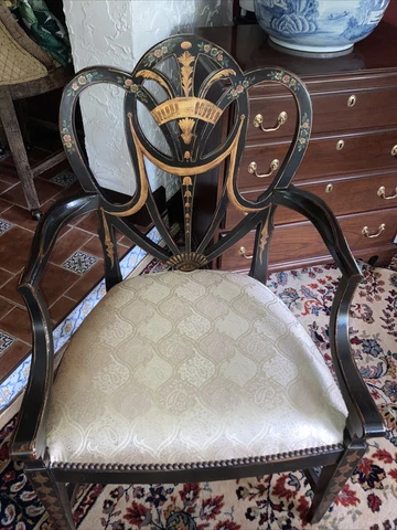 Lacquered Floral Hand Painted Heart Shield Back Wood Arm Chair Adams Style Cover