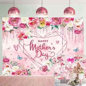 Happy Mothers Day Banner Backdrop 7X5Ft Pink Flower Mother'S Day Photography Bac - Picture 1 of 7