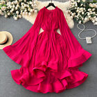 Women Elegant Lace Up V Neck Long Flare Sleeves Ruffles Slim Fit Dress Ball Gown