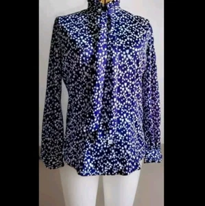 VTG 70s Jersey Blouse Dark Indigo Blue w Pussy Bow, Lady of the Valley Pattern S - Picture 1 of 11