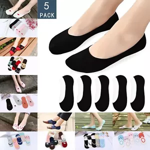 5 pares de calcetines de algodón de corte bajo invisibles para mujer con forro de bote invisible sin mostrar dibujos animados - Imagen 1 de 46