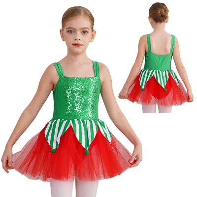 Kids Xmas Party Costume Sequins Sleeveless Dance Leotard Dress Christmas Gift - Image 1 of 4
