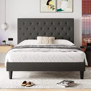Full Size Fabric Platform Bed with Adjustable Diamond Tufted Headboard,Dark Grey - Picture 1 of 8