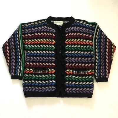 Cárdigan Cadagren Tejido a Mano Multicolor Arco Iris Rayas Negro Hecho a Mano Suéter L Foto 1 de 4