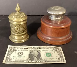 2 Antique Inkwells: 1 Embossed Brass & Insert & 1 Wood & Embossed Metal - Picture 1 of 8