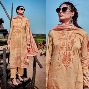 BEIGE PRINTED COTTON & KASHMIRI EMBR INDIAN READYMADE SALWAR KAMEEZ LADIES SUIT - Picture 1 of 3