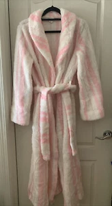 VTG Borg Fuzzy Fleece Heavy Robe Belt Housecoat Pink Stripe Med  Made In USA - Picture 1 of 14