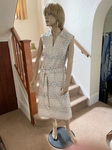 Stylish Vintage 1970s Cotton Patterned Belted Day Dress Small - Picture 1 of 15