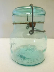 VINTAGE ATLAS E-Z SEAL AQUA BLUE PINT SQUATTY JAR GLASS LID WIRE BAIL! - Picture 1 of 11