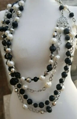Collar de 4 hilos PREMIER DESIGNS perlas de imitación negro blanco plata Foto 1 de 4