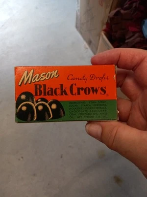 Vintage Mason Black Crows Candy Caixa Vazia Alcaçuz Mineola Nova York Original - Imagem 1 de 4