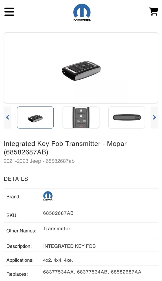NEW Genuine Mopar 68377534AB Key Fob Transmitter Jeep - Image 1 of 3