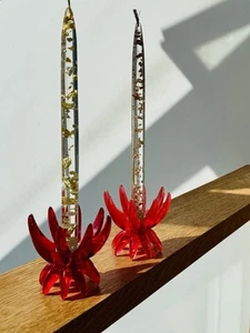 2 Red Lucite 1960’s Friedel Ges Gesch Lotus Candlesticks Germany Space Age - Picture 1 of 24