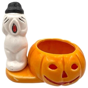 Plato de caramelo de cerámica fantasma y calabaza de Halloween de colección años 80 Taiwan Houston Foods - Imagen 1 de 8