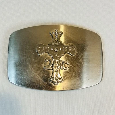 2 PAC Belt Buckle Silver Color Metal Cross 1971 1996 Tupac Shakur - Image 1 of 4