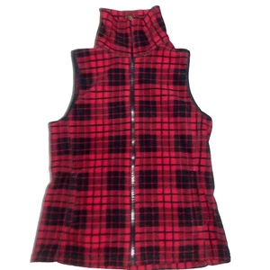 Chaps Vest Women's Medium Red Buffalo Plaid Fleece Full Zip Pockets Jacket - Picture 1 of 9