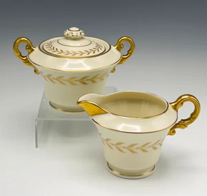 Syracuse China Jefferson Gold Laurel Covered Sugar Bowl & Creamer Set Old Ivory - Picture 1 of 6