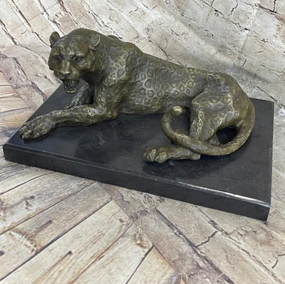 Estatuilla de mármol escultura de bronce jaguar leopardo grande original firmada arte de estatua Foto 1 de 4