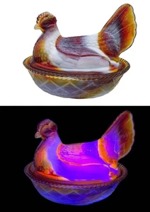 Vintage Westmoreland Henne auf einem Nest rot orange Schlacke Glas 7,5" Bonboniere leuchtet  - Bild 1 von 10