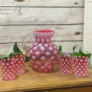 Fenton Cranberry Opalescent Coin Dot  Pitcher 4 tumblers VTG Ruffle Glass Fluted - Picture 1 of 12