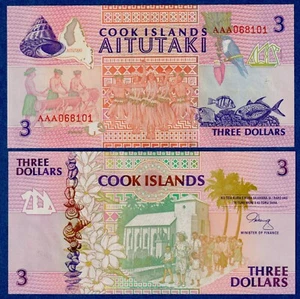 Cook Islands  $3 1992   P-7 AAA Prefix,  UNC Banknote - Picture 1 of 3