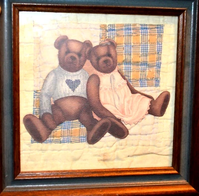 FRAMED FOLK ART TEDDY BEAR WALL PLAQUE - BACKGROUND is a REAL PIECE OF QUILT - Image 1 of 4