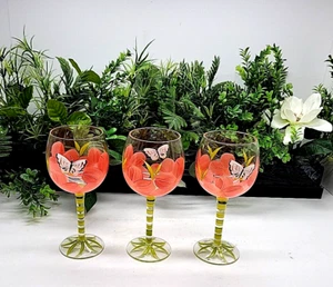 Set of 3 Hand-Painted Wine Glasses - Flowers & Butterfly Design, Orange, Green, - Picture 1 of 8