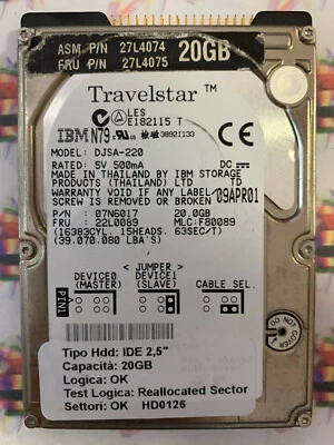 Hard Disk Usato IDE 2,5" 20GB IBM DJSA-220 07N6017 22L0089 09APR01 - Immagine 1 di 4