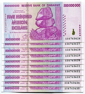 Zimbabwe 500 Million 2008 AA Banknote UNC P82 x 10 Pieces 100 Trillion Series - Picture 1 of 3
