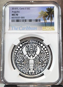 2018 EAST CARIBBEAN SILVER 2 DOLLARS ANGUILLA LOBSTER NGC MS 70 SCARCE BEAUTY - Picture 1 of 3
