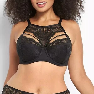Sujetador de encaje negro cacique cuello alto balconette malla con aros, talla 44D - Imagen 1 de 10