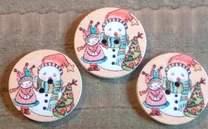 3 Snowman Child Tree Sewing Buttons Crafting Round 2 Hole Flat Wood .75"  - Picture 1 of 2