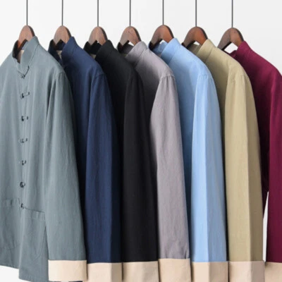 Hommes Chinois Lin Tang Costume Kung Fu Veste Arts Martiaux Debout Chemise Col - Photo 1/4