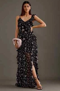 Anthropologie Let Me Be Maxi Dress Black Pink Floral Strappy Ruffle Size UK 10 - Picture 1 of 7