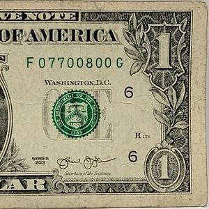 Consecutive Trip Pairs 0s 7s Fancy Serial Number One Dollar Bill F07700800G 2013 - Picture 1 of 8
