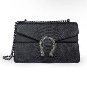 Crossbody Shoulder Purse Snake Printed Leather Evening Clutch Black Gunmetal - Picture 1 of 5