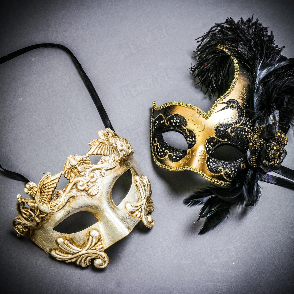 Silver Venetian Roman Warrior Men & Gold Black Side Feather Glitter Couple Masks - Image 1 of 1
