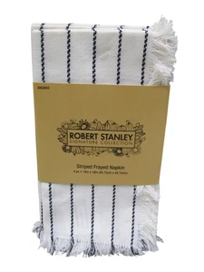 Juego de 4 servilletas de algodón blancas con rayas negras y borde deshilachado 18" x 18" - Imagen 1 de 2