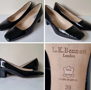 LK Bennett Ladies Size 39 Black Patent Leather Block Heel Leather Sole Courts - Picture 1 of 23