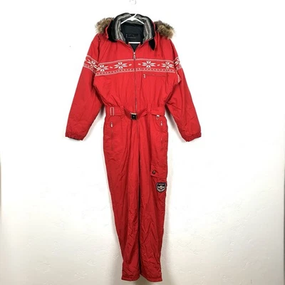 VTG Bogner Ski Suit Snowsuit One Piece Belted Jumpsuit Fur Red Womens Sz 10 Flaw - Image 1 of 4