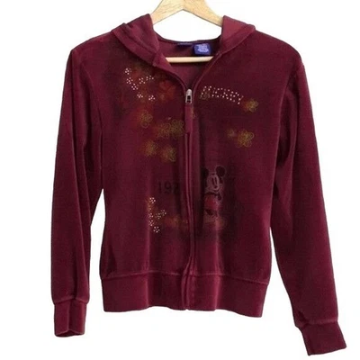 Disney Mickey Mouse Terciopelo Sudadera con Capucha Roja Talla Pequeña Roja Acanalada Cremallera Completa Sudadera Foto 1 de 4