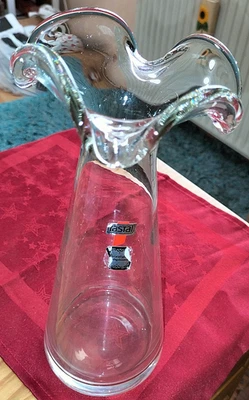 Vase Transparent RASTAL Böhmisch ? Wellenrand Glaskunst mundgeblasen 27x 11 cm - Bild 1 von 4
